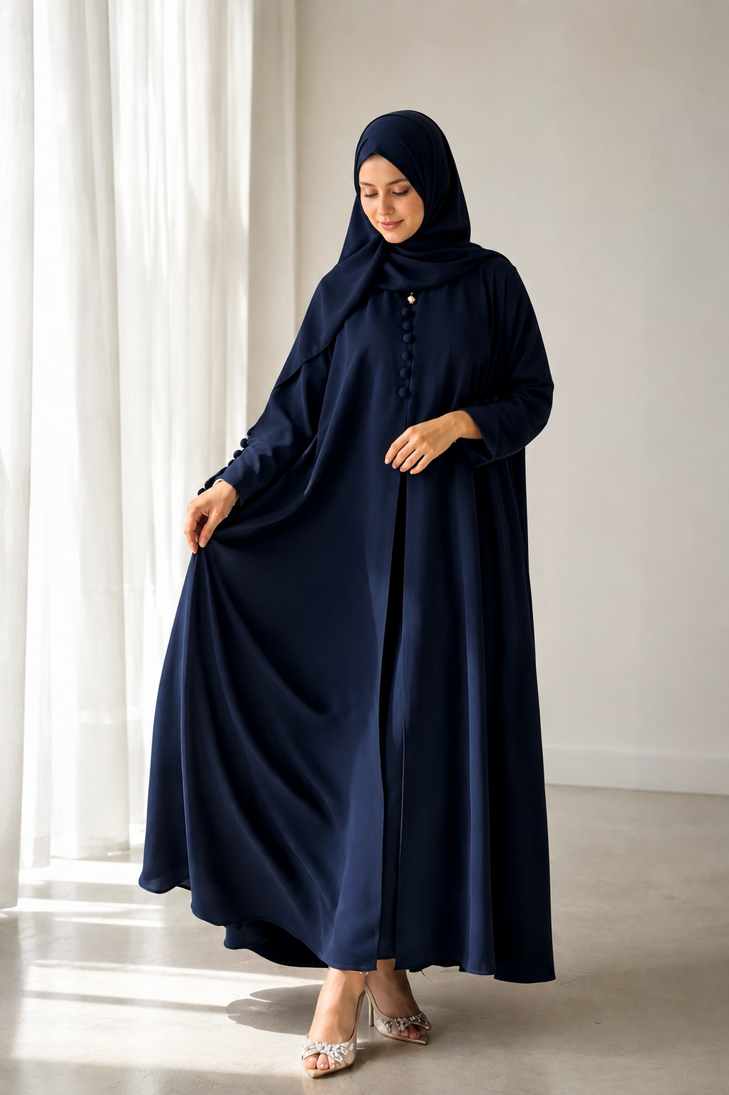 The Navy Blue Button-Front 3-Piece Abaya Set (With Matching Inner)