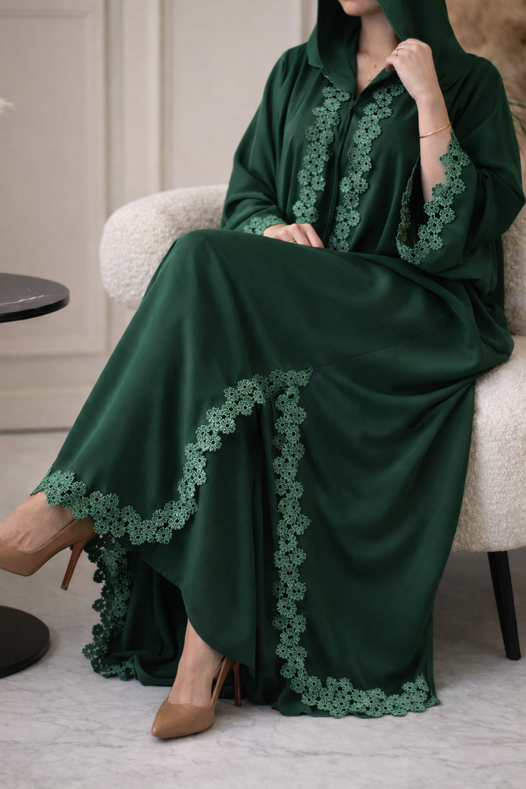 Elegant Lace Panel Front Open Abaya Set – Emerald Green (With Inner and Scarf)