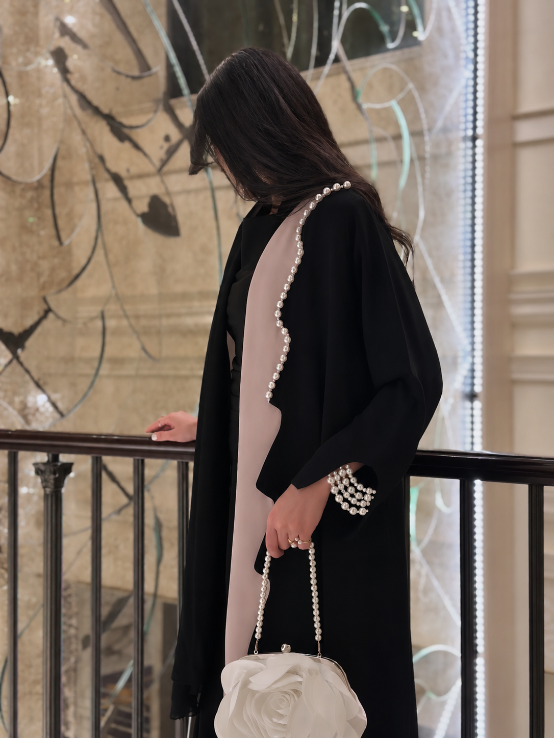 The Pearl Wave Scalloped Abaya – Two-Tone Open Front Edition