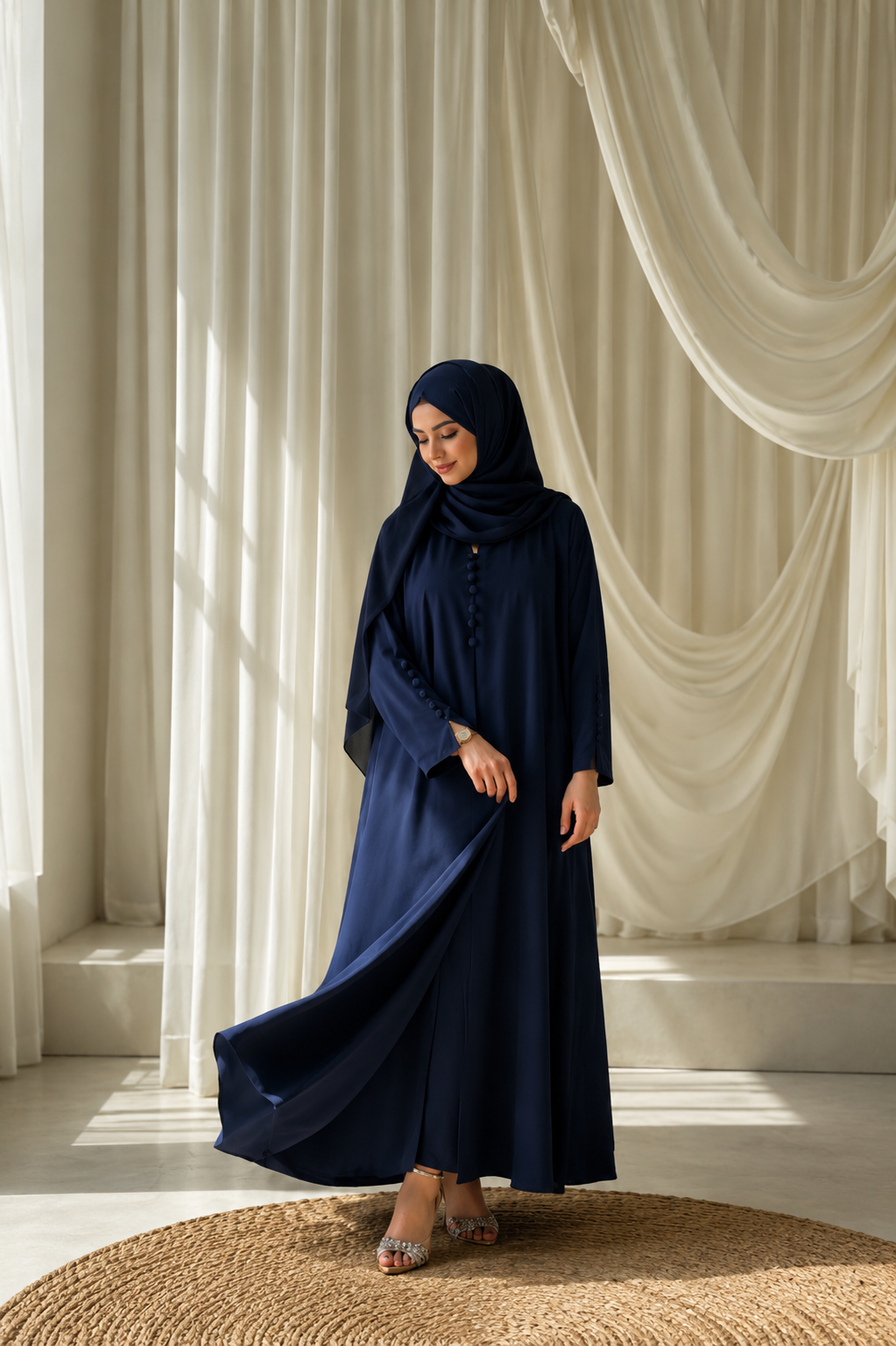 The Navy Blue Button-Front 3-Piece Abaya Set (With Matching Inner)