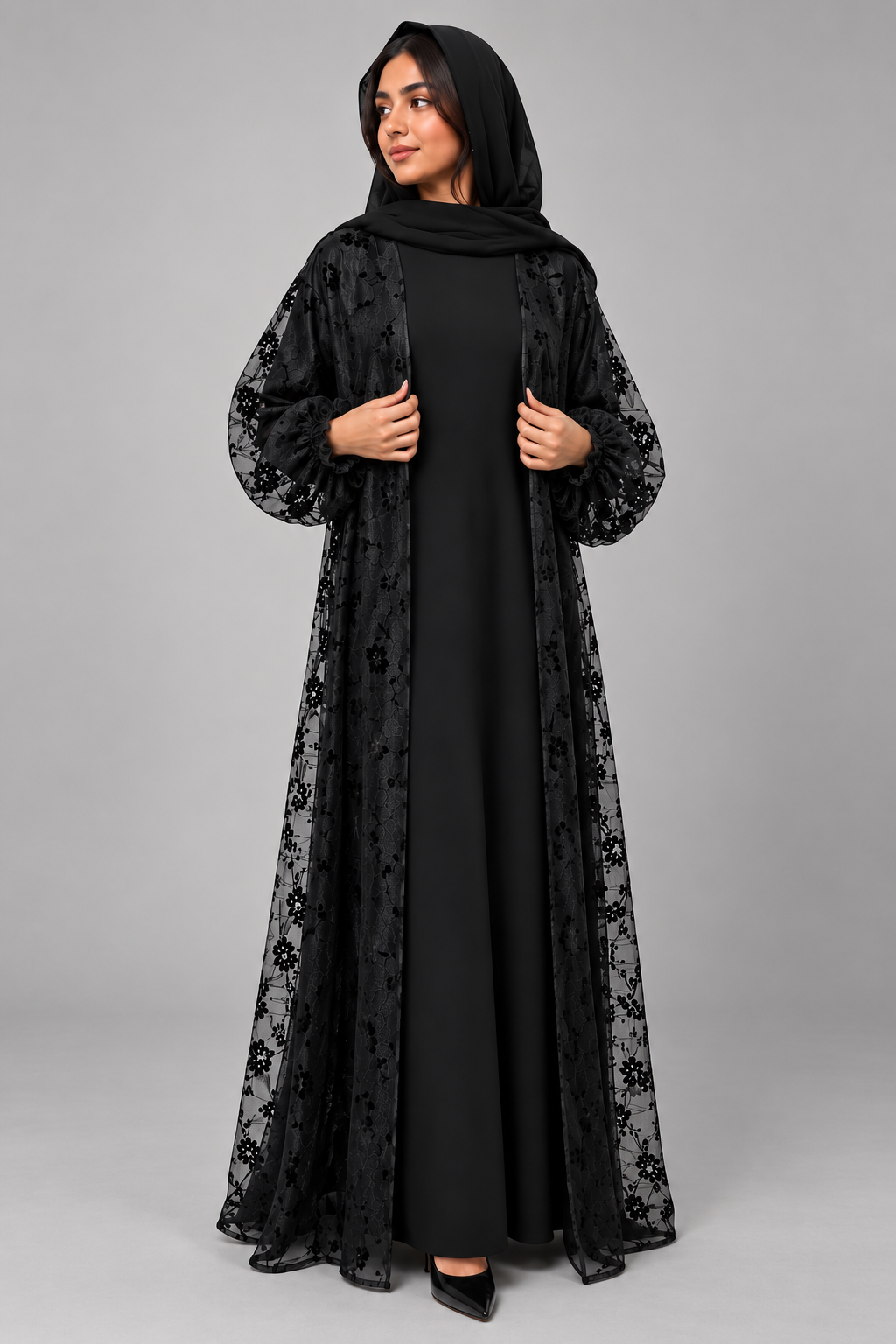 Black Floral Tulle Overlay Abaya Set