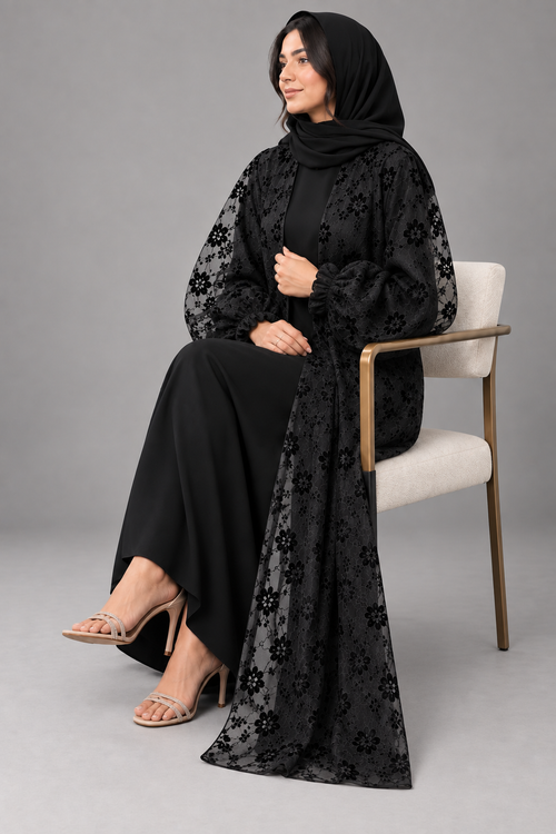 Black Floral Tulle Overlay Abaya Set