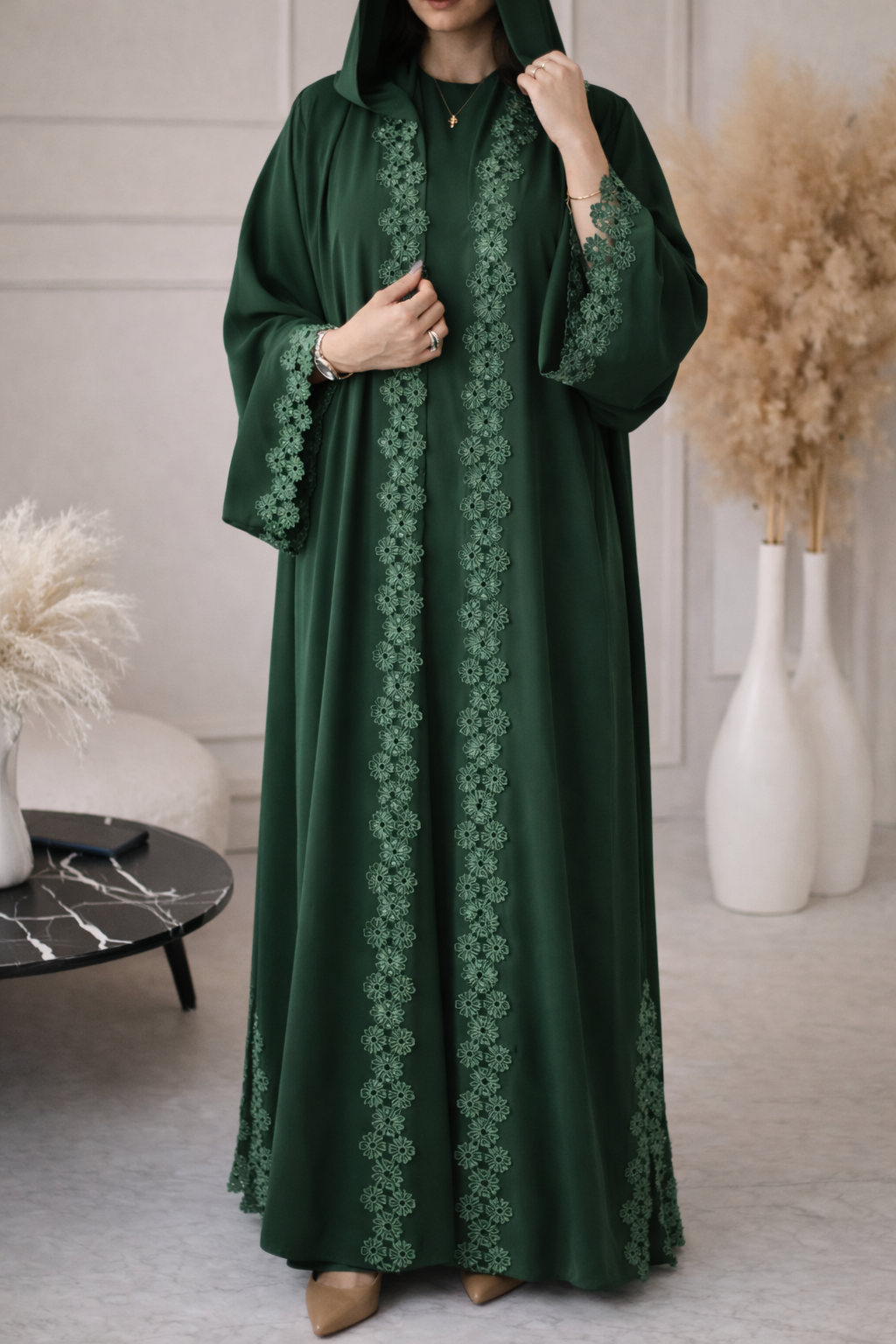 Elegant Lace Panel Front Open Abaya Set – Emerald Green (With Inner and Scarf)