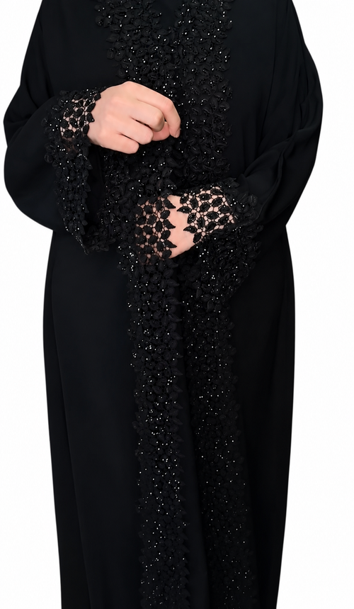 Black Elegance: Stone-Embellished Leaf Lace Abaya