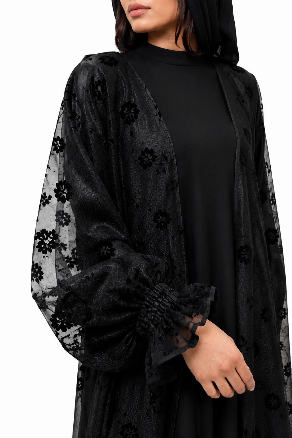 Black Floral Tulle Overlay Abaya Set
