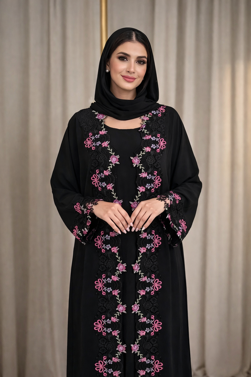 Luxury Floral Embroidered Lace Abaya Set (With Inner & Scarf) – Black