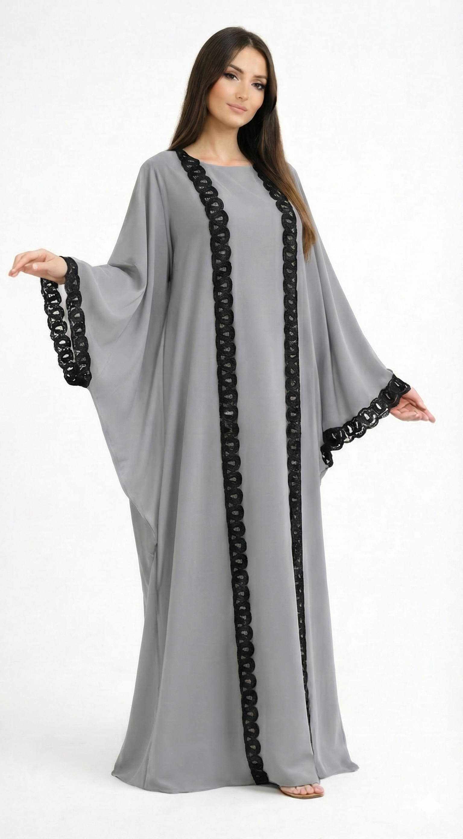 Grey Scalloped Lace Open Kaftaan with Matching Inner