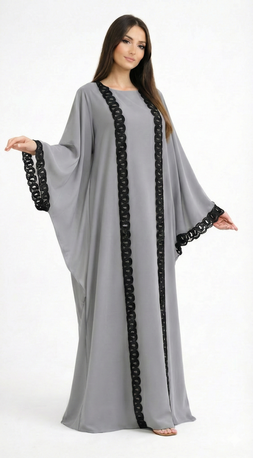 Grey Scalloped Lace Open Kaftaan with Matching Inner