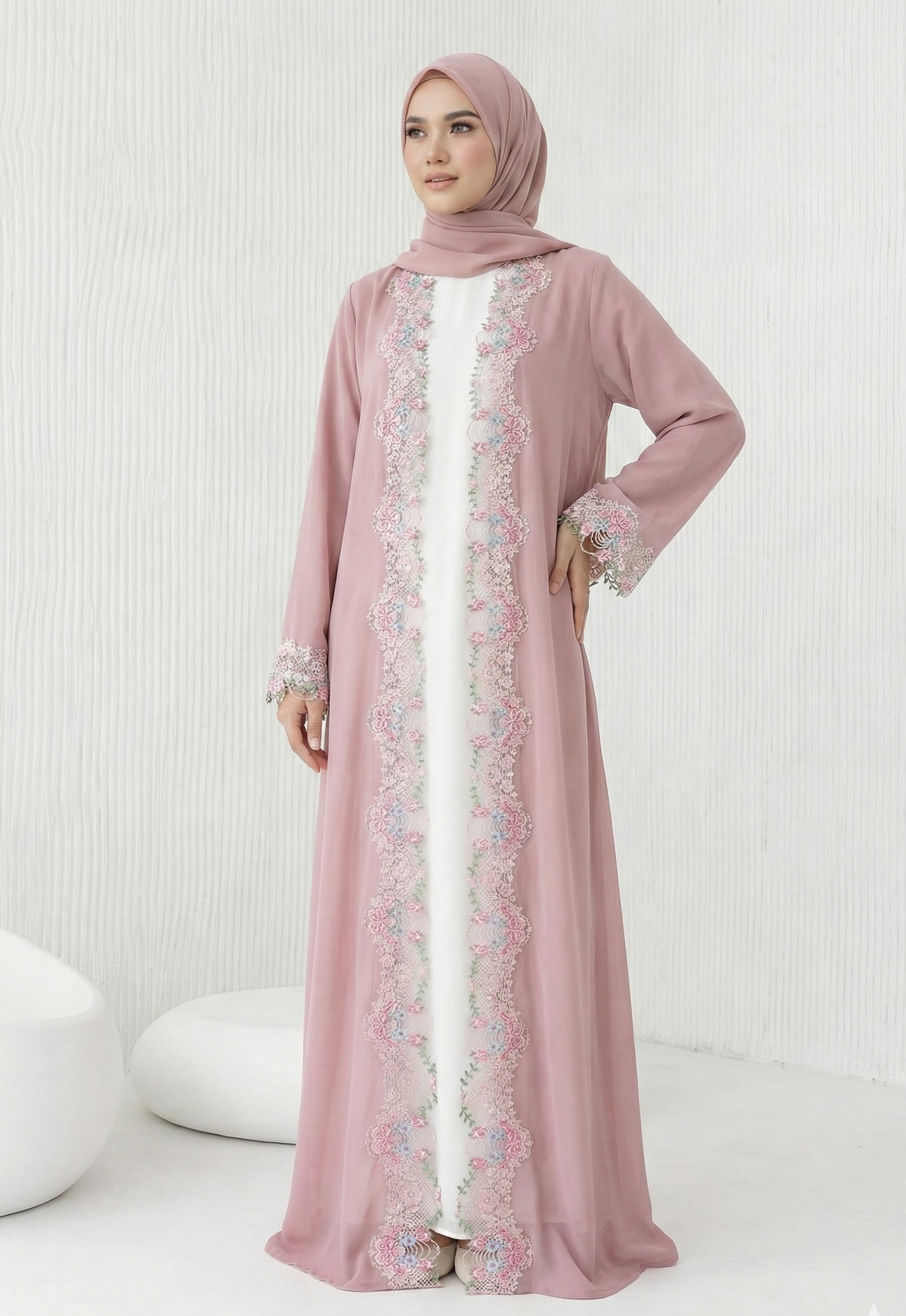 Two-Piece Open Abaya with white Slip — Dusty Blush (Peach)