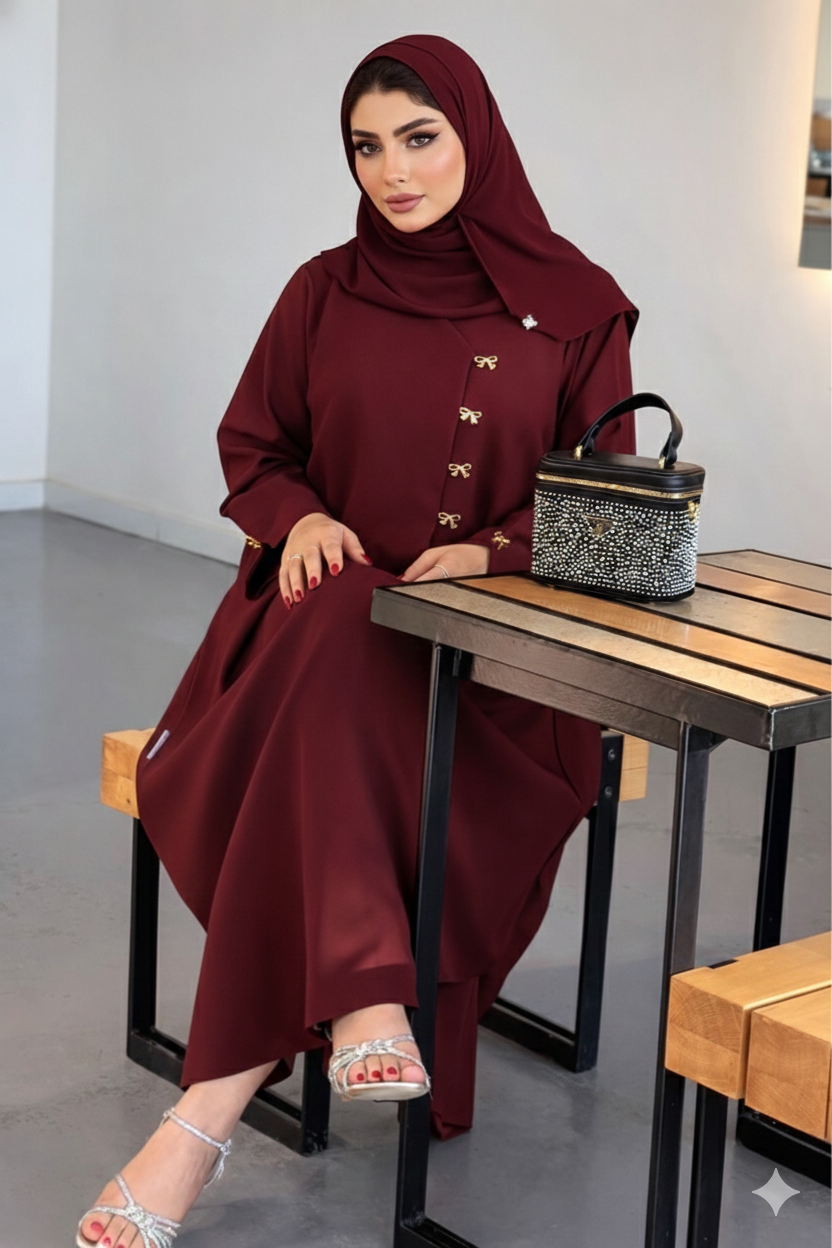 Luxury Bow Buttoned Front Open Abaya Set (With Scarf) – Maroon