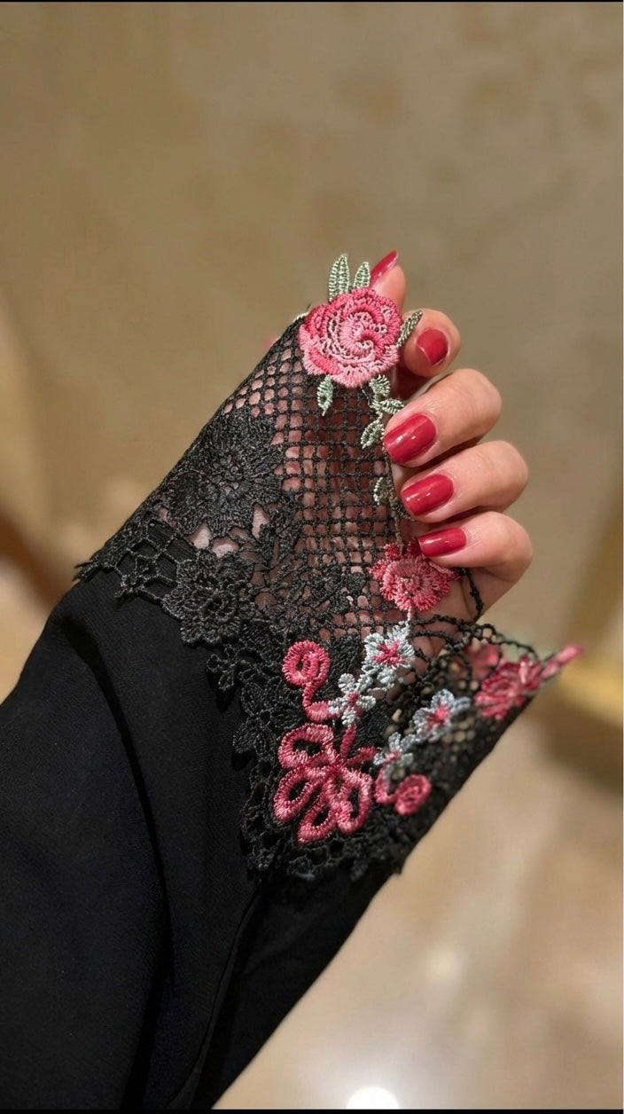 Luxury Floral Embroidered Lace Abaya Set (With Inner & Scarf) – Black