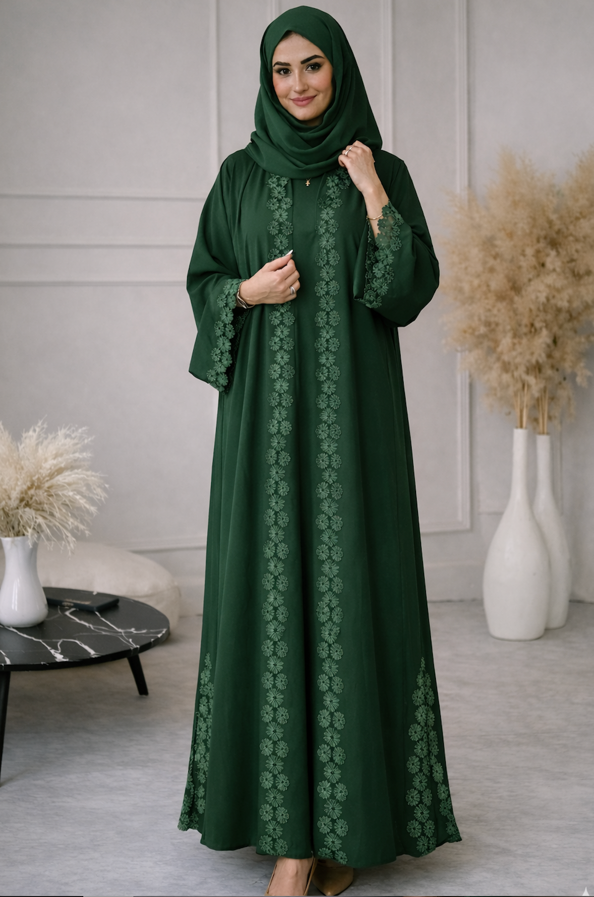 Elegant Lace Panel Front Open Abaya Set – Emerald Green (With Inner and Scarf)