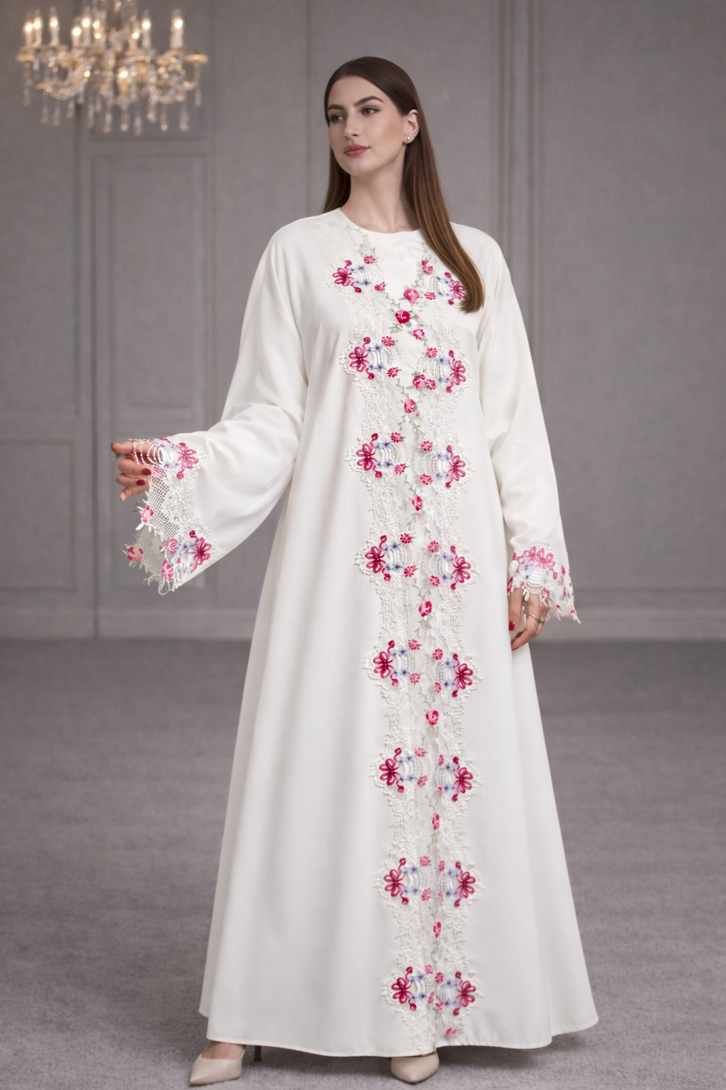 Ivory White Bloom Open Abaya with Pastel Lace