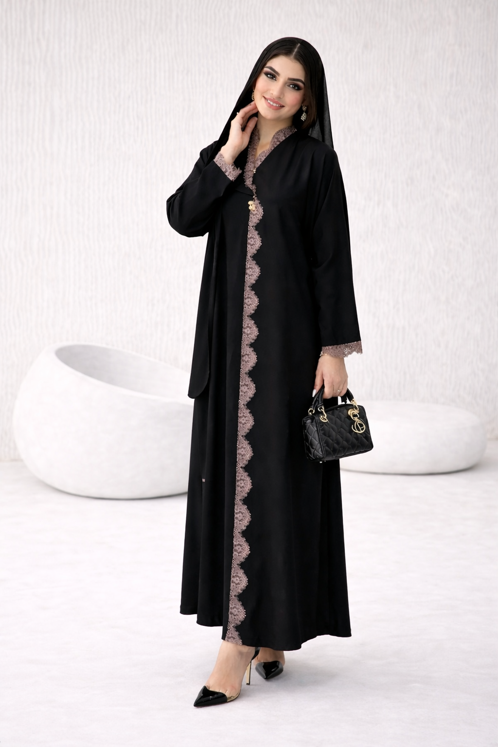 Black Abaya with Elegant Beige Lace
