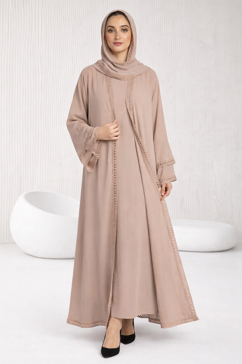 Beige Crochet Trim Open Abaya Set