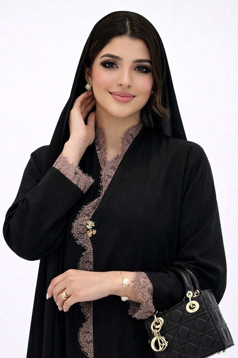Black Abaya with Elegant Beige Lace